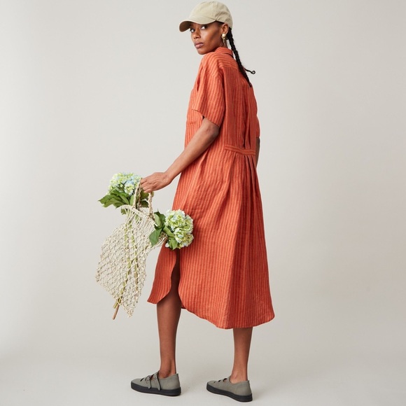 Caron Callahan | Striped Linen Henley Relaxed Midi Shirt Dress - Picture 1 of 16